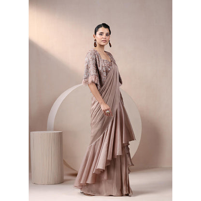 CHAASHNI BY MAANSI & KETAN Taupe Champagne Chinnon Saree with Stitched Blouse and Jacket
