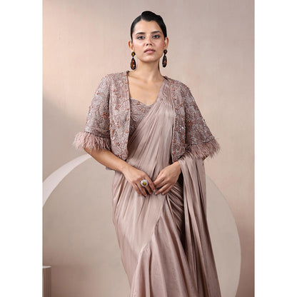 CHAASHNI BY MAANSI & KETAN Taupe Champagne Chinnon Saree with Stitched Blouse and Jacket