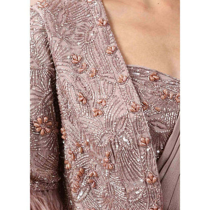 CHAASHNI BY MAANSI & KETAN Taupe Champagne Chinnon Saree with Stitched Blouse and Jacket