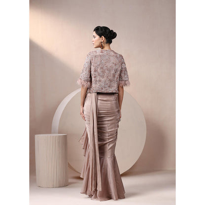 CHAASHNI BY MAANSI & KETAN Taupe Champagne Chinnon Saree with Stitched Blouse and Jacket