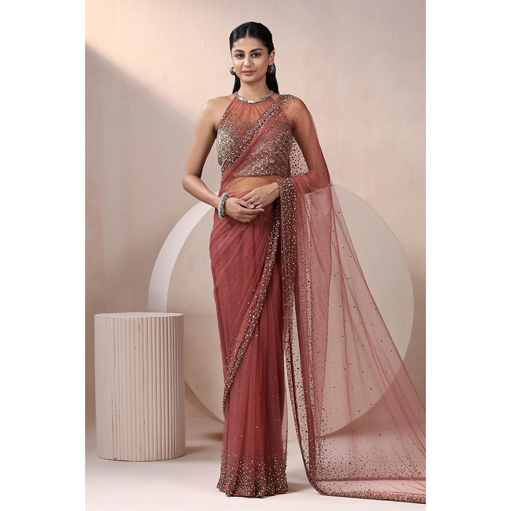 CHAASHNI BY MAANSI & KETAN Maroon Embellished Net Saree with Stitched Blouse