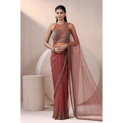 CHAASHNI BY MAANSI & KETAN Maroon Embellished Net Saree with Stitched Blouse