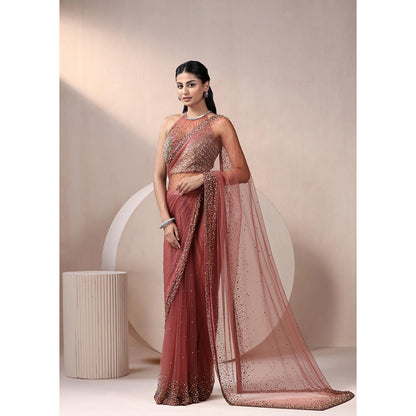 CHAASHNI BY MAANSI & KETAN Maroon Embellished Net Saree with Stitched Blouse