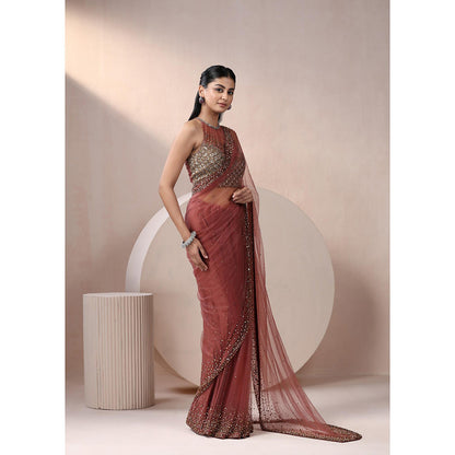 CHAASHNI BY MAANSI & KETAN Maroon Embellished Net Saree with Stitched Blouse