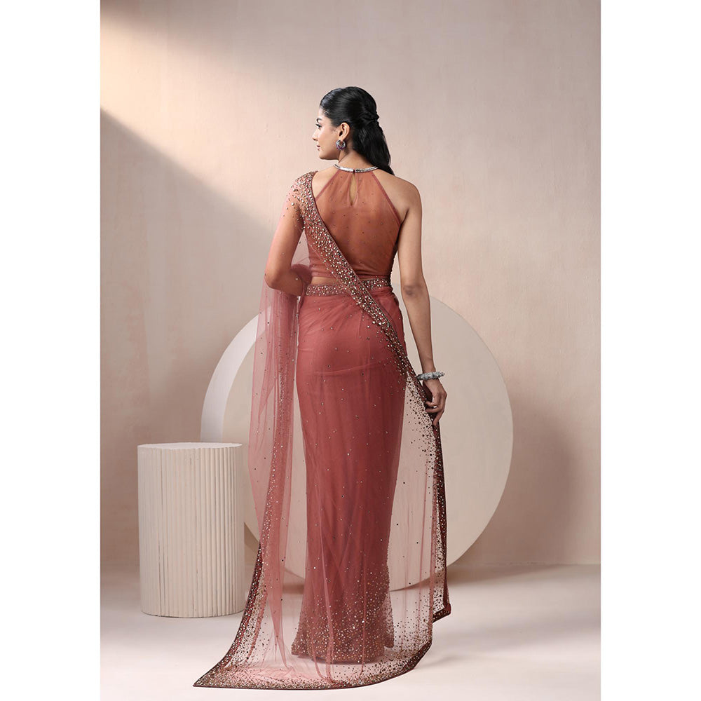 CHAASHNI BY MAANSI & KETAN Maroon Embellished Net Saree with Stitched Blouse