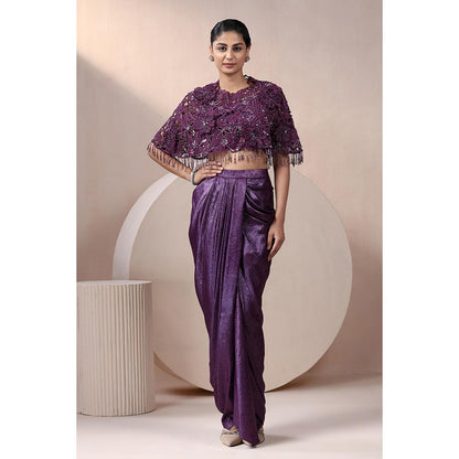 CHAASHNI BY MAANSI & KETAN Purple Indo Western Skirt with Crop Top and Cape (Set of 3)
