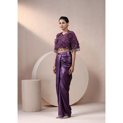 CHAASHNI BY MAANSI & KETAN Purple Indo Western Skirt with Crop Top and Cape (Set of 3)