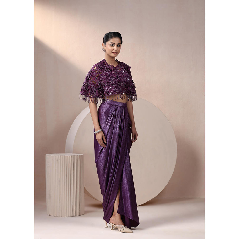 CHAASHNI BY MAANSI & KETAN Purple Indo Western Skirt with Crop Top and Cape (Set of 3)
