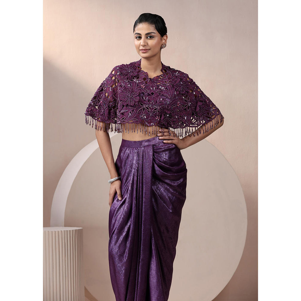 CHAASHNI BY MAANSI & KETAN Purple Indo Western Skirt with Crop Top and Cape (Set of 3)