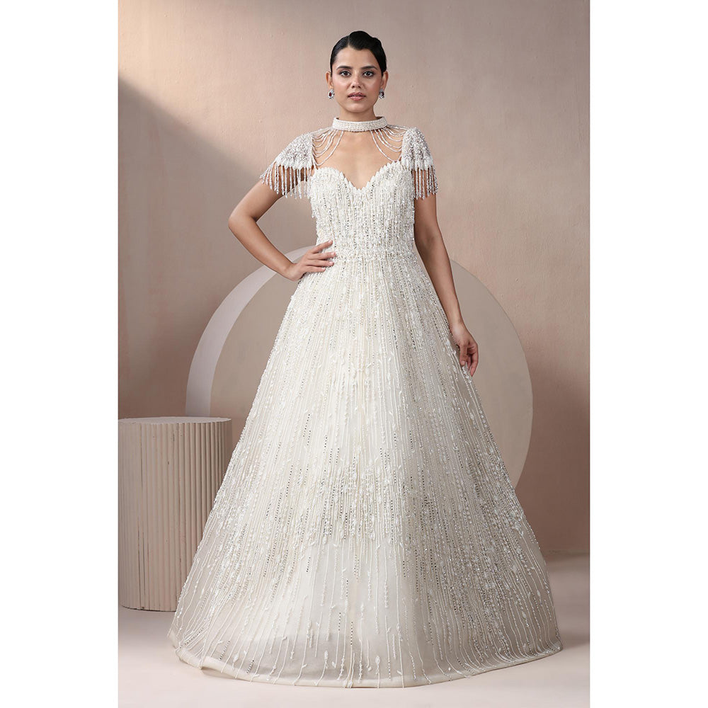 CHAASHNI BY MAANSI & KETAN Off White Embellished Net Gown with Cape (Set of 2)