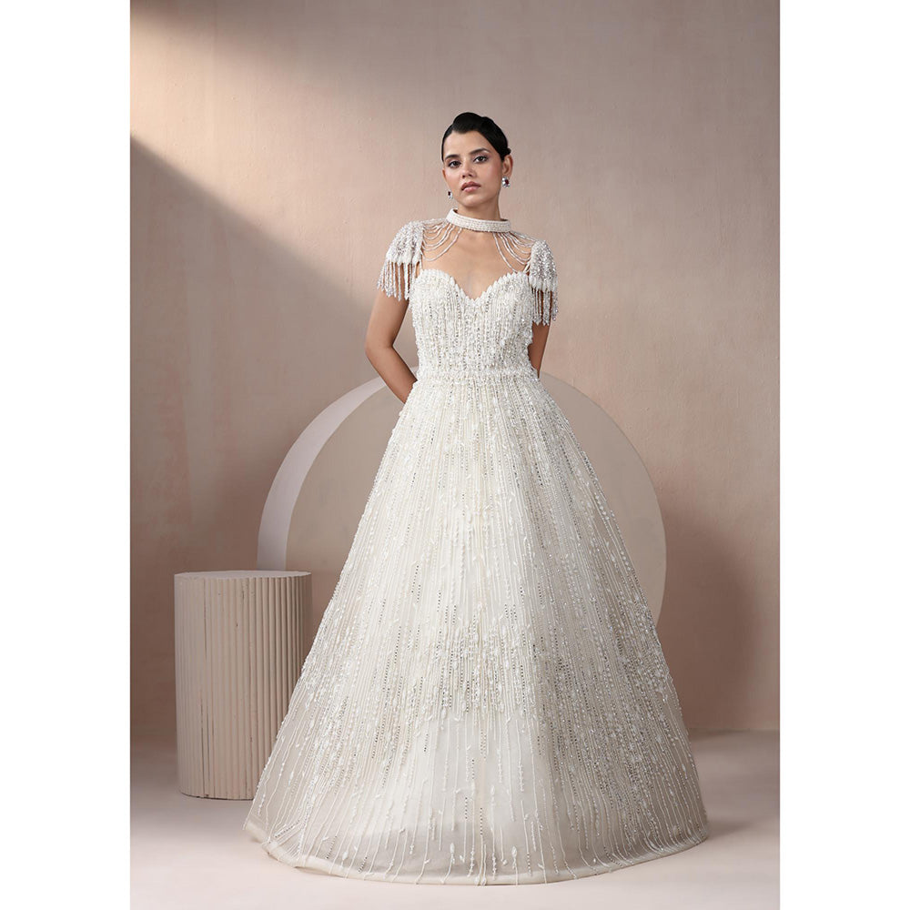 CHAASHNI BY MAANSI & KETAN Off White Embellished Net Gown with Cape (Set of 2)