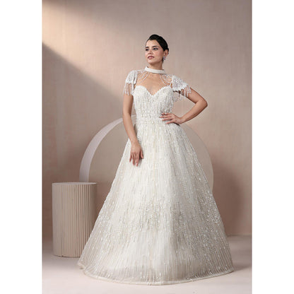 CHAASHNI BY MAANSI & KETAN Off White Embellished Net Gown with Cape (Set of 2)