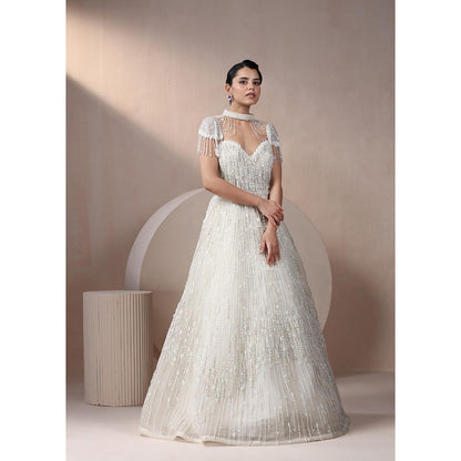 CHAASHNI BY MAANSI & KETAN Off White Embellished Net Gown with Cape (Set of 2)