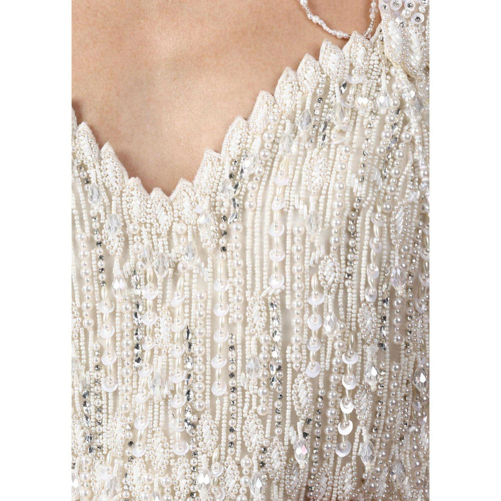 CHAASHNI BY MAANSI & KETAN Off White Embellished Net Gown with Cape (Set of 2)