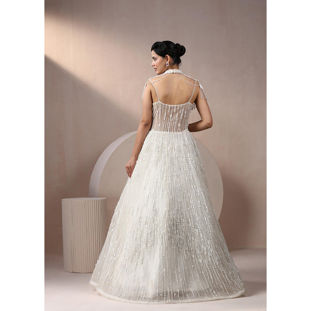 CHAASHNI BY MAANSI & KETAN Off White Embellished Net Gown with Cape (Set of 2)