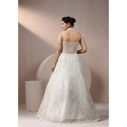 CHAASHNI BY MAANSI & KETAN Off White Embellished Net Gown with Cape (Set of 2)