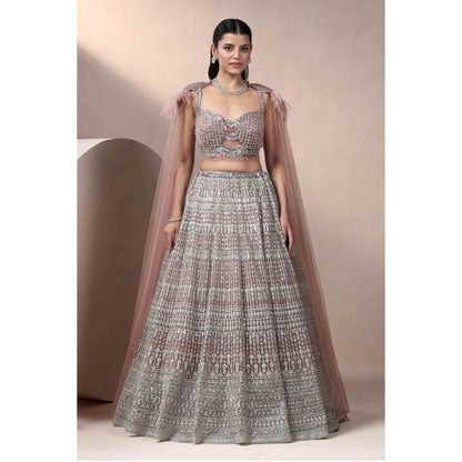 CHAASHNI BY MAANSI & KETAN Taupe Embroidered Lehenga with Blouse ad Cape (Set of 2)