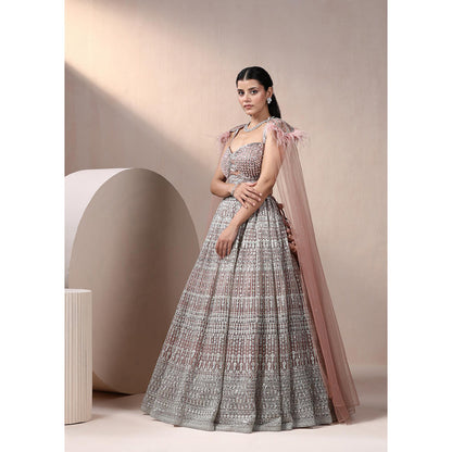 CHAASHNI BY MAANSI & KETAN Taupe Embroidered Lehenga with Blouse ad Cape (Set of 2)