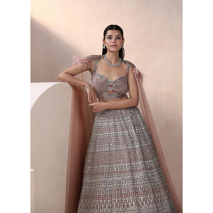 CHAASHNI BY MAANSI & KETAN Taupe Embroidered Lehenga with Blouse ad Cape (Set of 2)