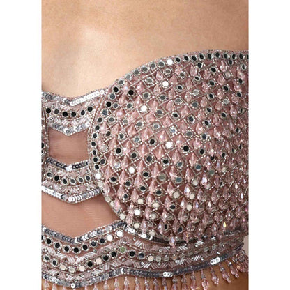 CHAASHNI BY MAANSI & KETAN Taupe Embroidered Lehenga with Blouse ad Cape (Set of 2)