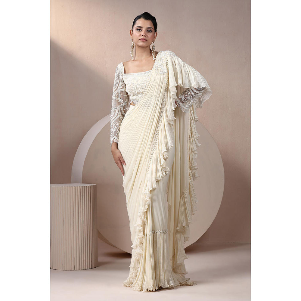 CHAASHNI BY MAANSI & KETAN Ivory Embroidered Georgette Saree with Stitched Blouse