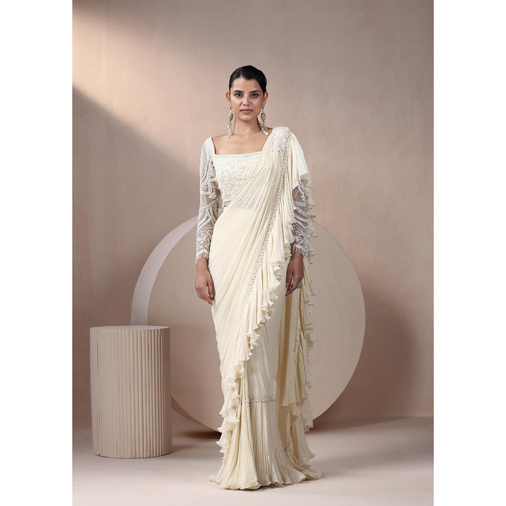 CHAASHNI BY MAANSI & KETAN Ivory Embroidered Georgette Saree with Stitched Blouse