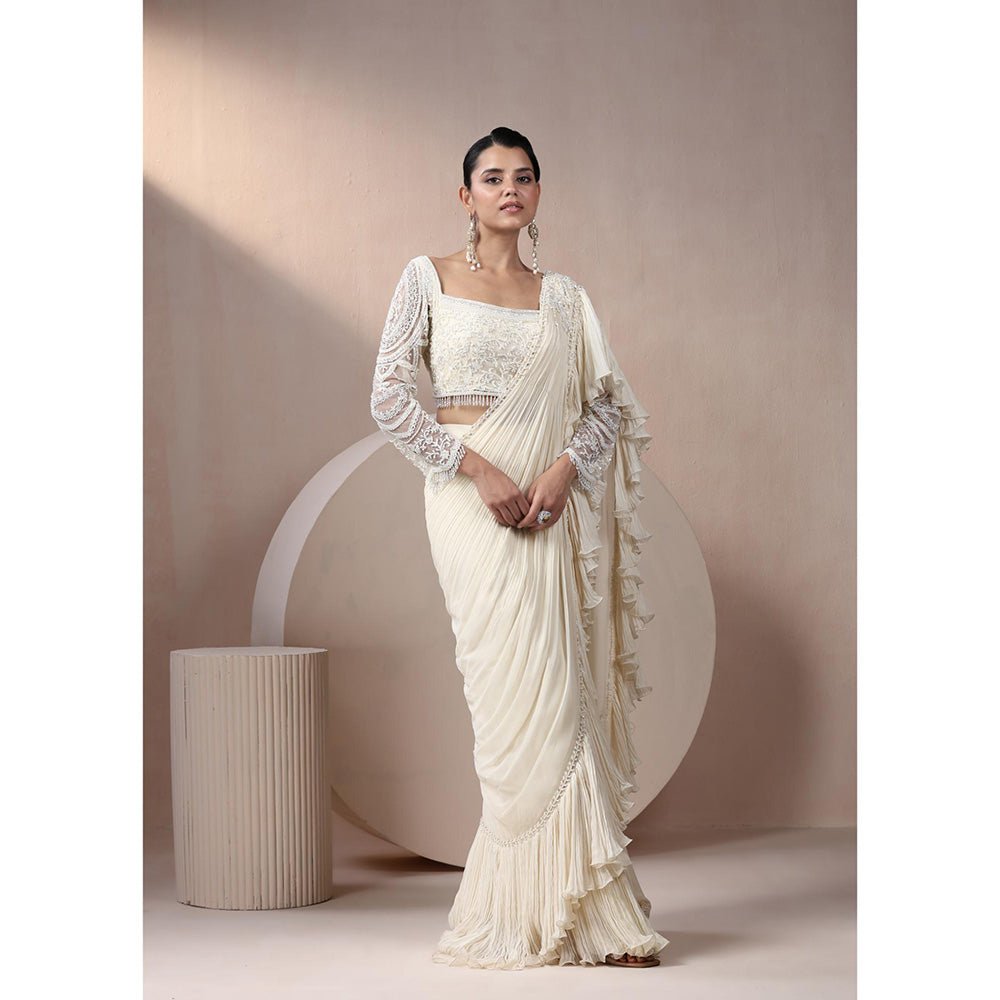 CHAASHNI BY MAANSI & KETAN Ivory Embroidered Georgette Saree with Stitched Blouse