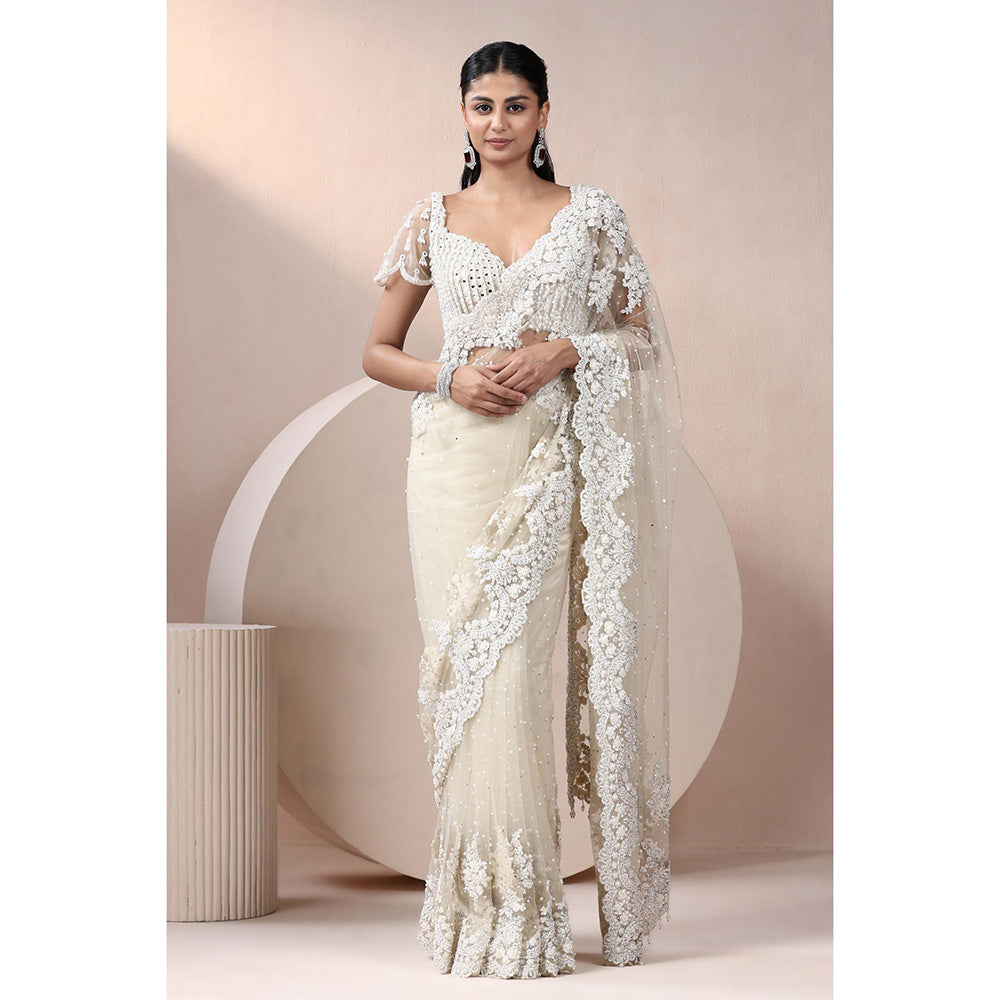 CHAASHNI BY MAANSI & KETAN Off White Embellished Net Saree with Stitched Blouse