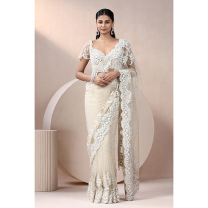 CHAASHNI BY MAANSI & KETAN Off White Embellished Net Saree with Stitched Blouse