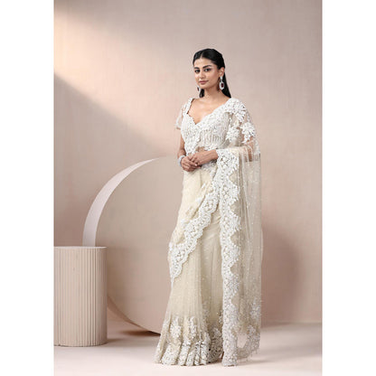 CHAASHNI BY MAANSI & KETAN Off White Embellished Net Saree with Stitched Blouse