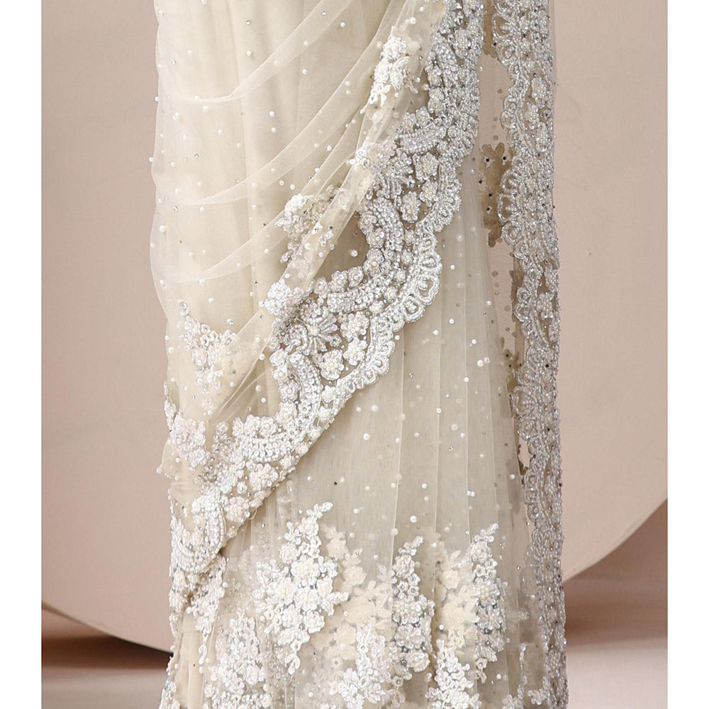 CHAASHNI BY MAANSI & KETAN Off White Embellished Net Saree with Stitched Blouse