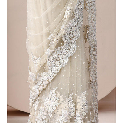 CHAASHNI BY MAANSI & KETAN Off White Embellished Net Saree with Stitched Blouse