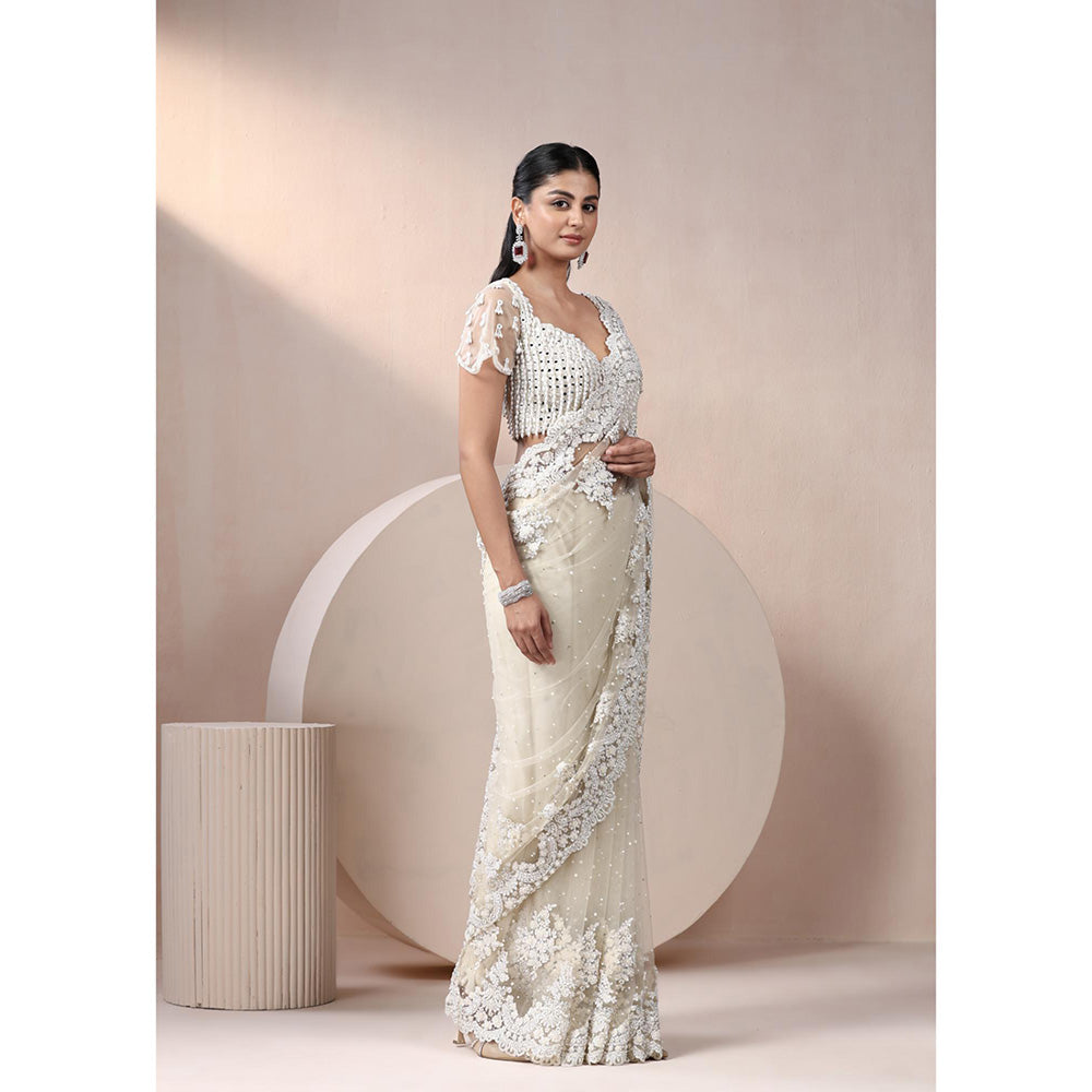 CHAASHNI BY MAANSI & KETAN Off White Embellished Net Saree with Stitched Blouse