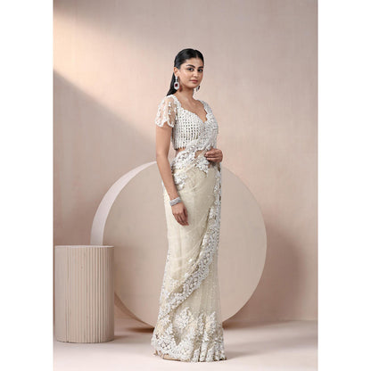 CHAASHNI BY MAANSI & KETAN Off White Embellished Net Saree with Stitched Blouse
