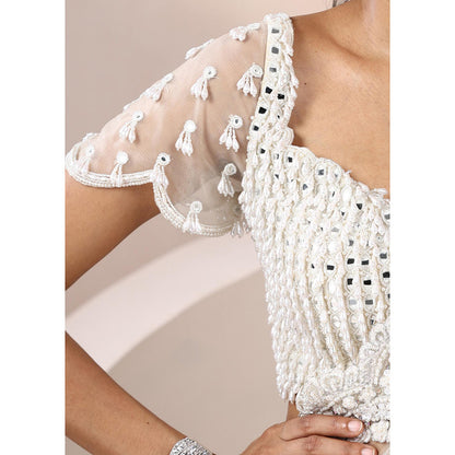 CHAASHNI BY MAANSI & KETAN Off White Embellished Net Saree with Stitched Blouse
