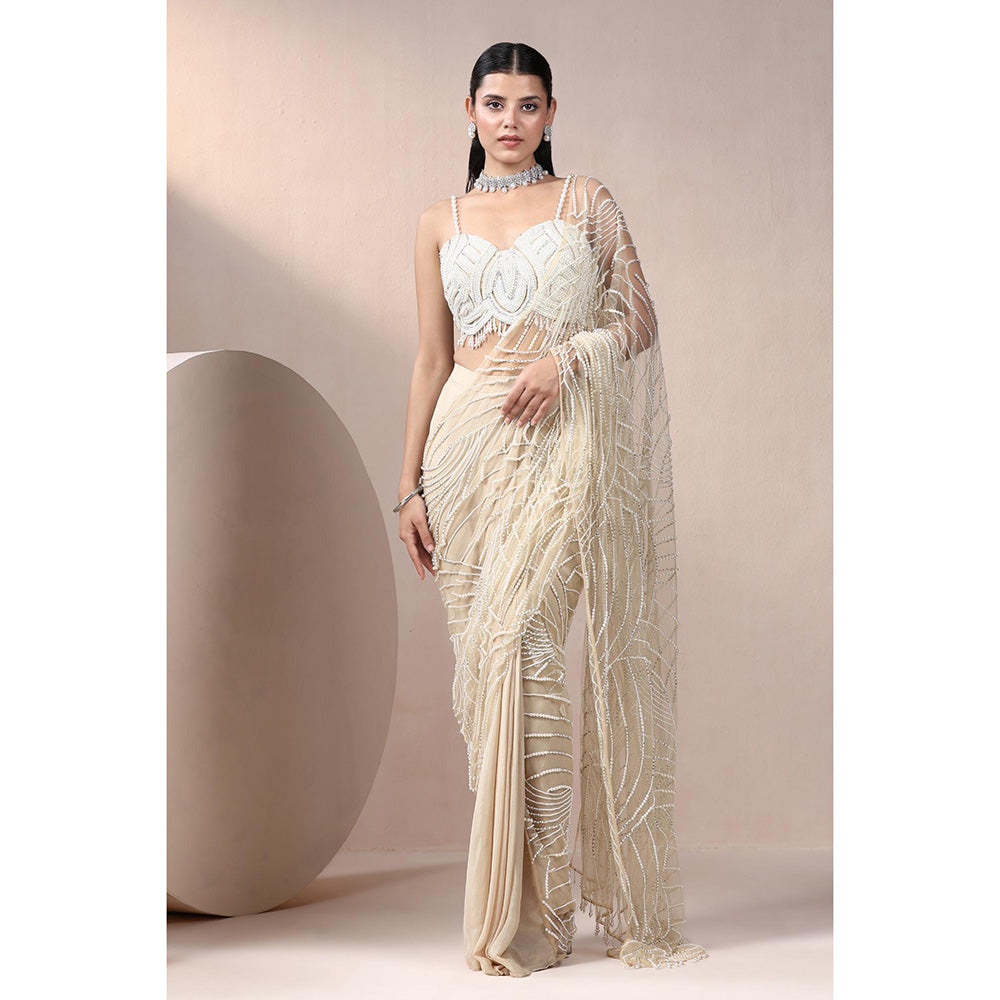 CHAASHNI BY MAANSI & KETAN Beige Chinnon Chiffon Saree with Stitched Blouse