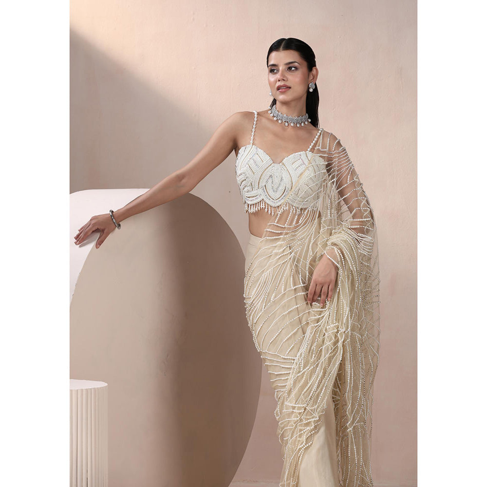 CHAASHNI BY MAANSI & KETAN Beige Chinnon Chiffon Saree with Stitched Blouse