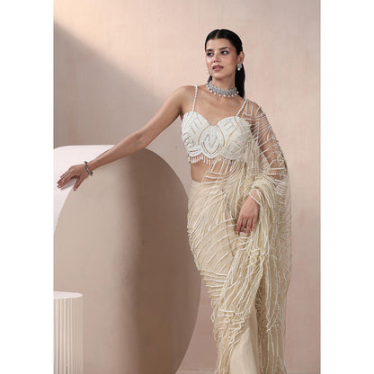 CHAASHNI BY MAANSI & KETAN Beige Chinnon Chiffon Saree with Stitched Blouse