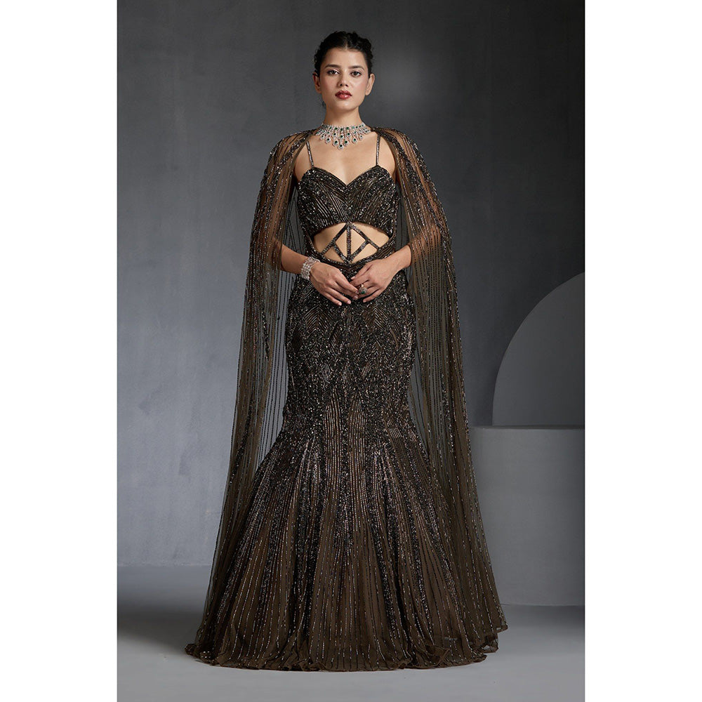 CHAASHNI BY MAANSI & KETAN Brown Sequins Embellished Net Gown with Cape (Set of 2)