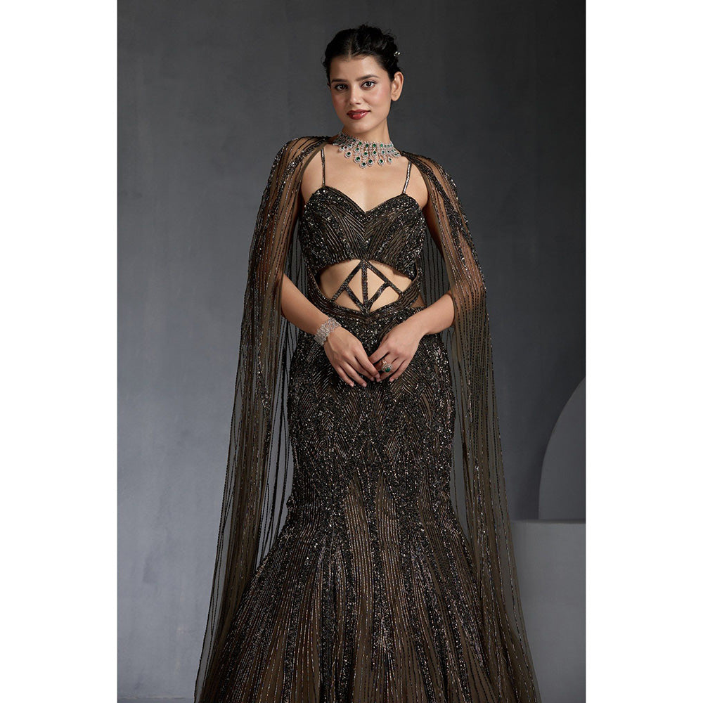 CHAASHNI BY MAANSI & KETAN Brown Sequins Embellished Net Gown with Cape (Set of 2)