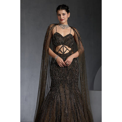 CHAASHNI BY MAANSI & KETAN Brown Sequins Embellished Net Gown with Cape (Set of 2)