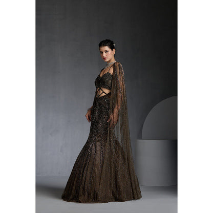 CHAASHNI BY MAANSI & KETAN Brown Sequins Embellished Net Gown with Cape (Set of 2)