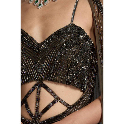 CHAASHNI BY MAANSI & KETAN Brown Sequins Embellished Net Gown with Cape (Set of 2)