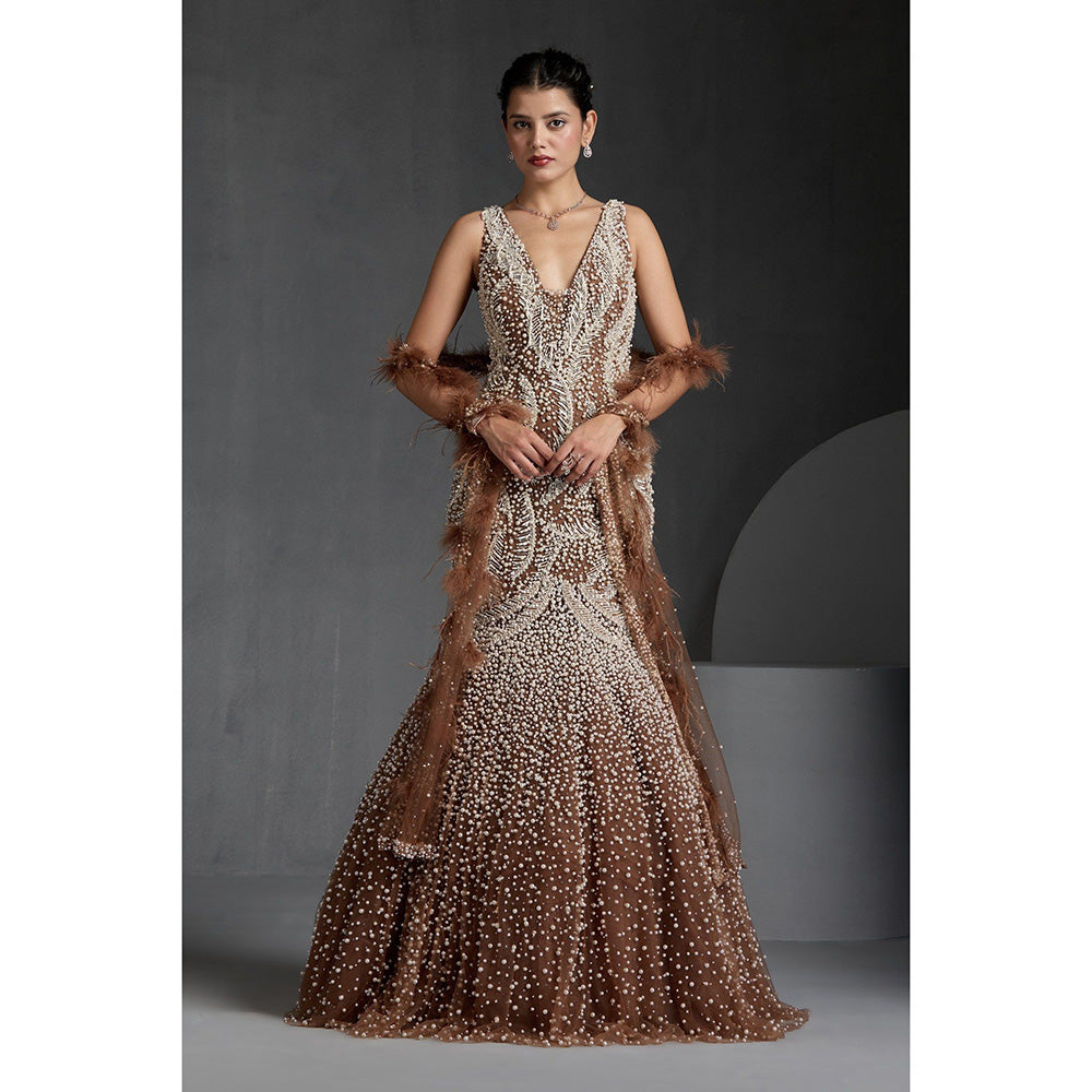 CHAASHNI BY MAANSI & KETAN Beige Embellished Net Gown with Dupatta (Set of 2)