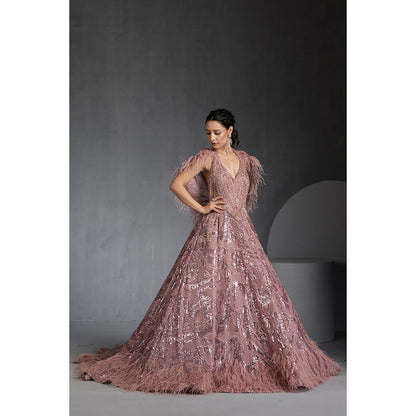 CHAASHNI BY MAANSI & KETAN Pink Sequins Embellished Net Gown with Cape (Set of 2)