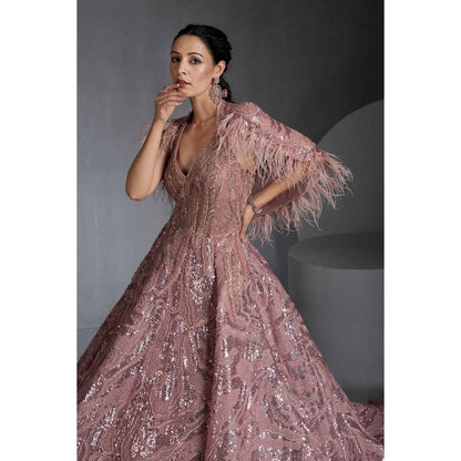 CHAASHNI BY MAANSI & KETAN Pink Sequins Embellished Net Gown with Cape (Set of 2)