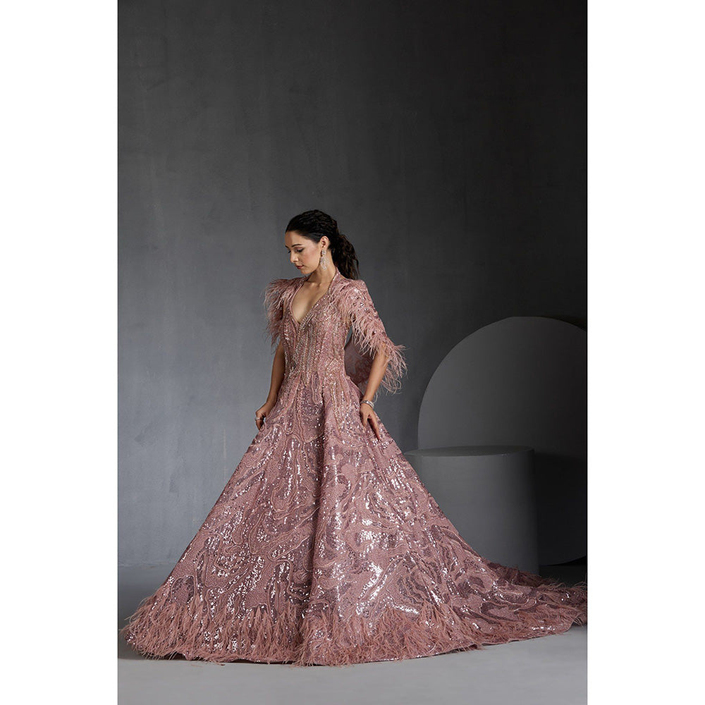 CHAASHNI BY MAANSI & KETAN Pink Sequins Embellished Net Gown with Cape (Set of 2)