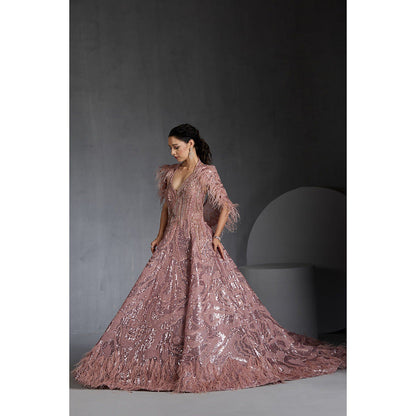 CHAASHNI BY MAANSI & KETAN Pink Sequins Embellished Net Gown with Cape (Set of 2)
