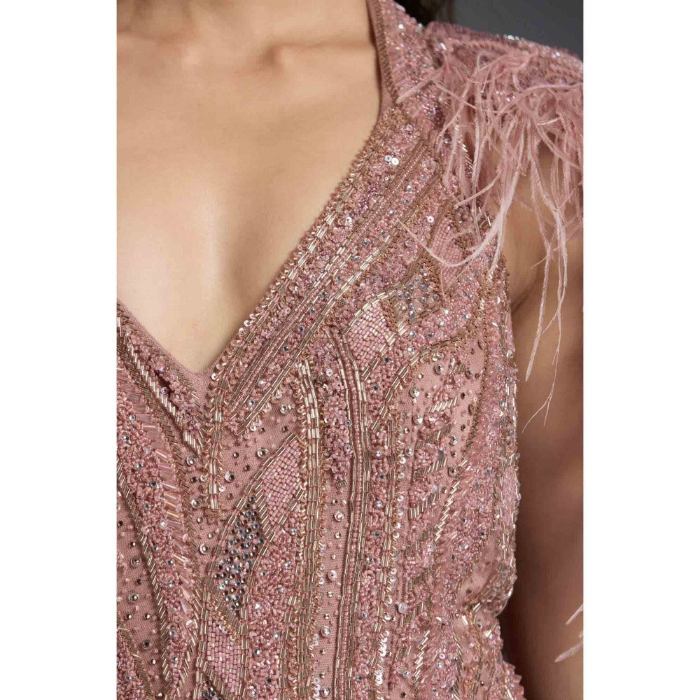 CHAASHNI BY MAANSI & KETAN Pink Sequins Embellished Net Gown with Cape (Set of 2)