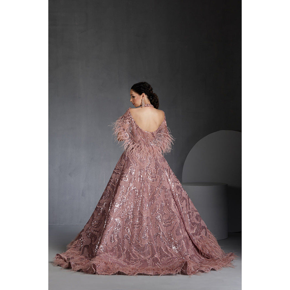 CHAASHNI BY MAANSI & KETAN Pink Sequins Embellished Net Gown with Cape (Set of 2)